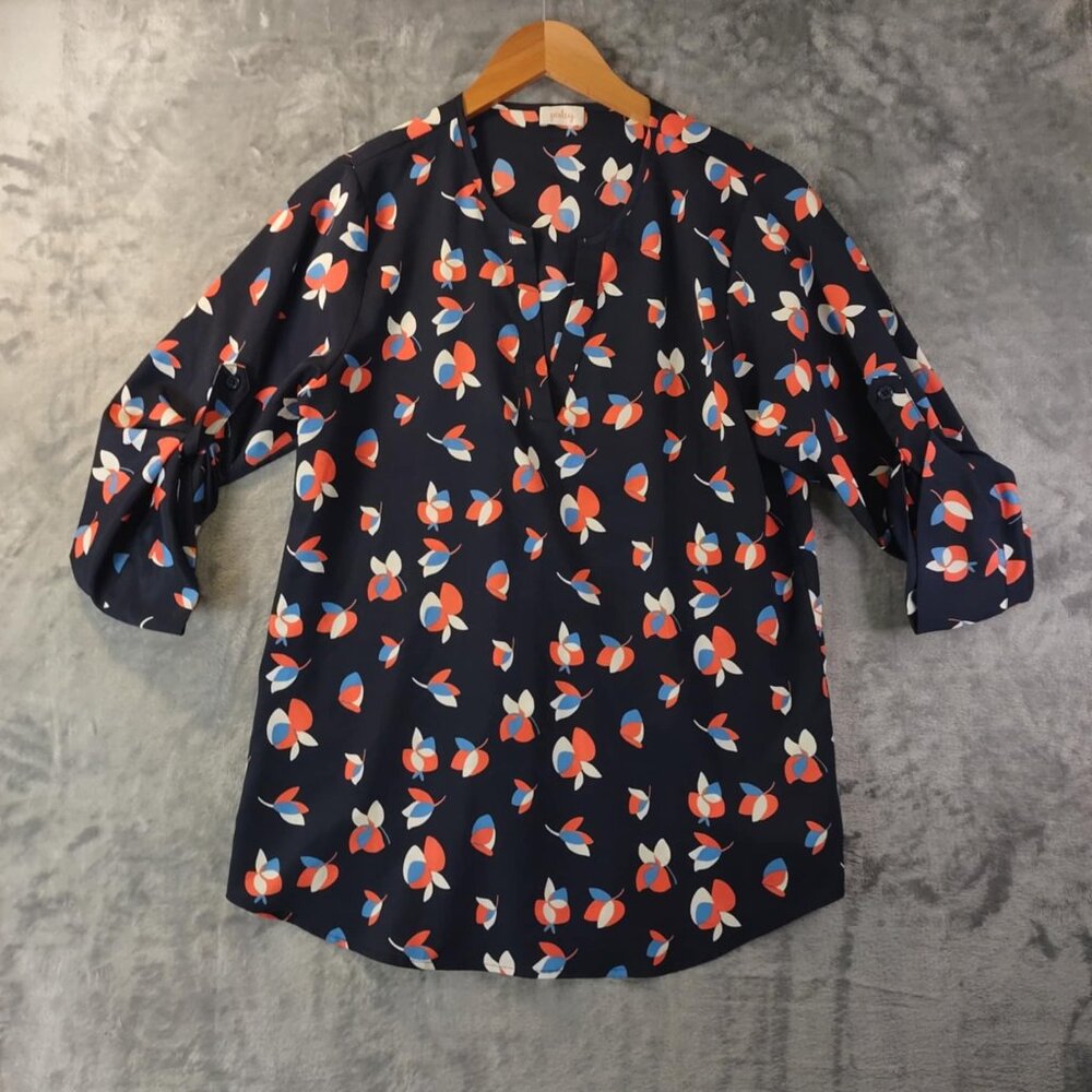 Pixley Women’s M Blue & Red Edgy Dark Cottagecore Floral Grandmacore Blouse